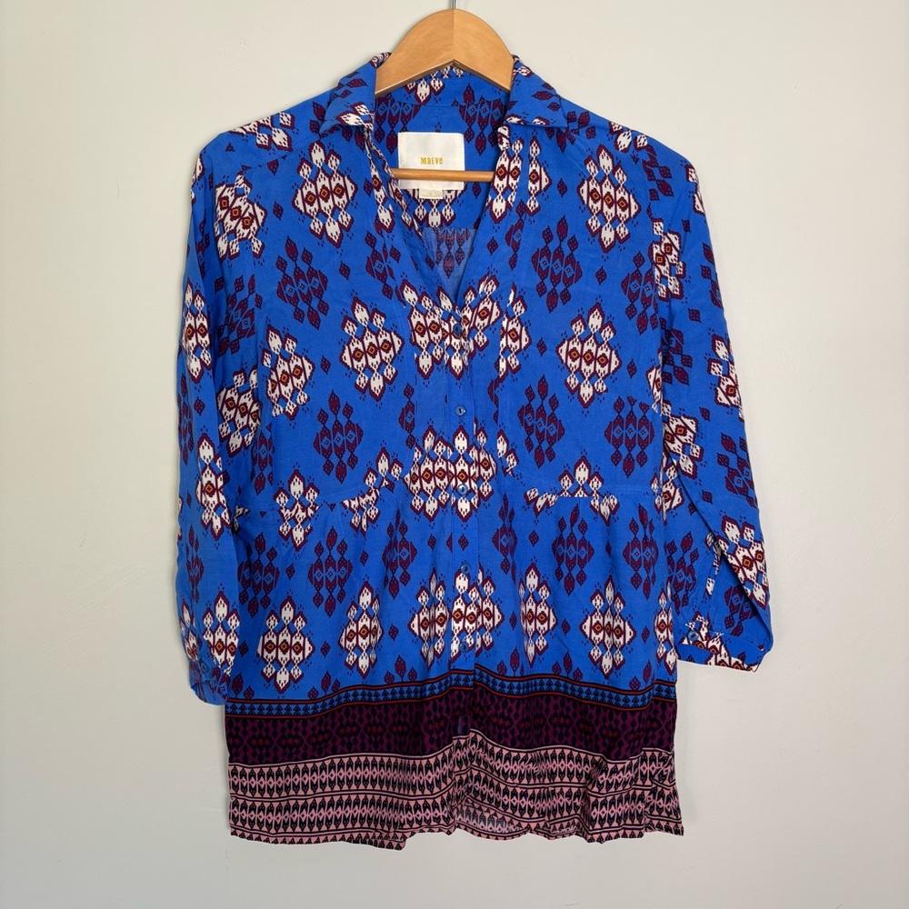 Anthropologie Maeve Woodland Walk Button Down Top-Ikat Blue-Size 8-Boho